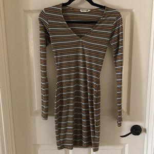 Bear Dance Ribbed Bodycon V-Neck Mini Dress Striped Long Sleeve Small Like New
